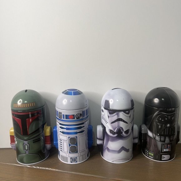 Other - Star Wars Tin Box Coin Banks (4) Boba Fett Darth Vader R2D2 Storm Trooper Set